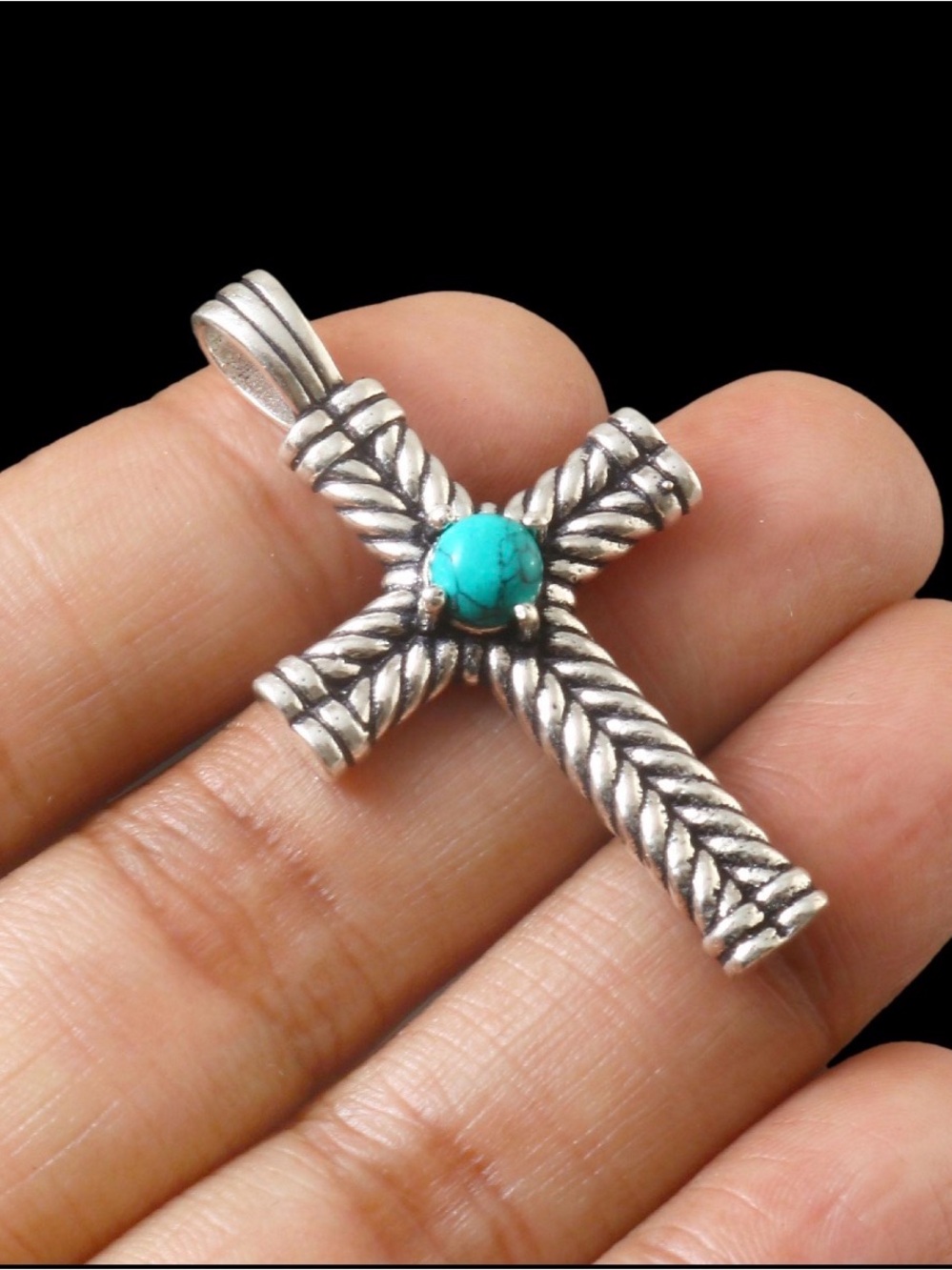 925 Sterling Silver Cross Pendant with Natural Turquoise